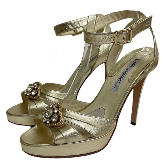 Brian Atwood Crystal Embellished High Heels Metallic Gold Ankle Strap Italy 38 8 - Picture 2 of 12